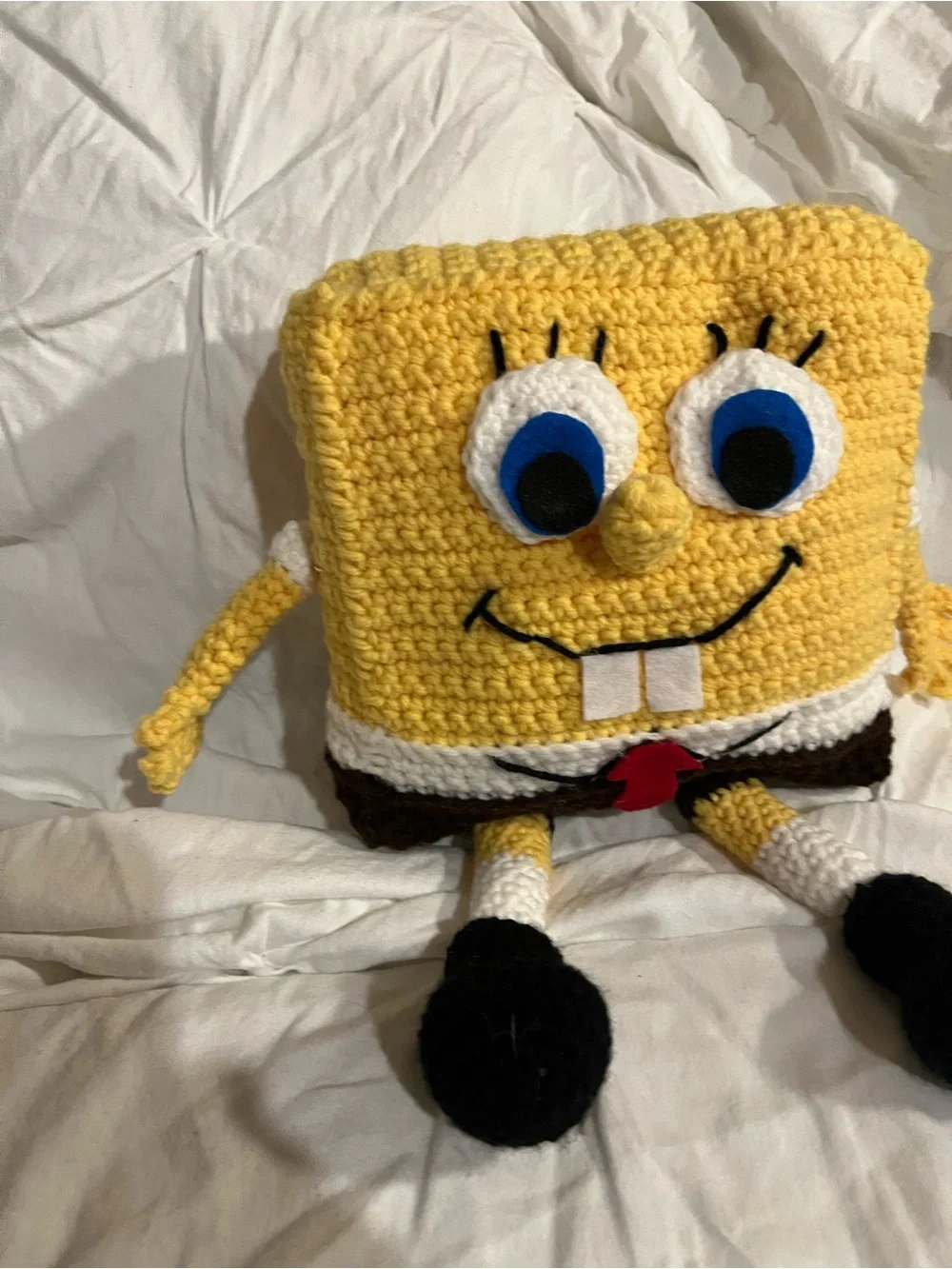 Handmade Yellow Character Crochet Plush Toy with Red Tie Sponge Bob